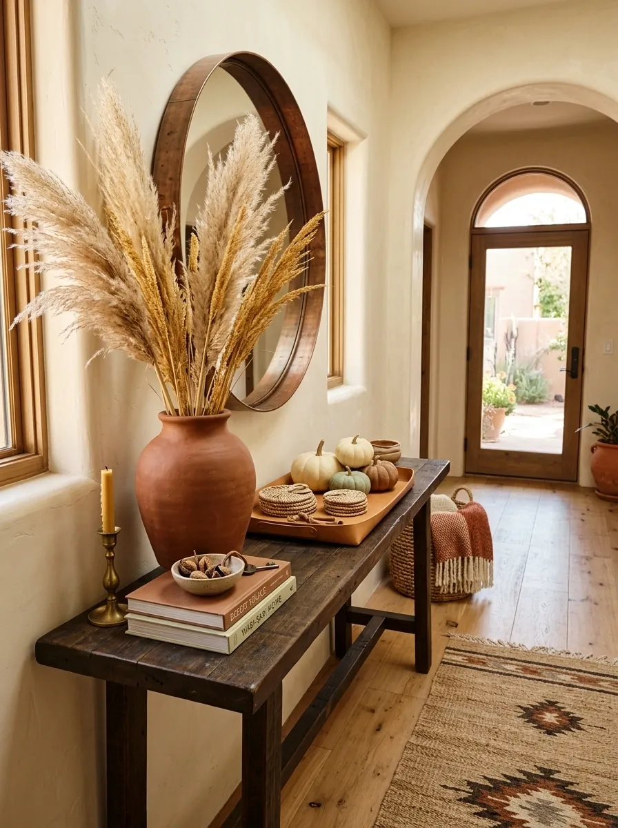 Earthy Southwestern Entry With Clay, Leather, and Dried Grasses