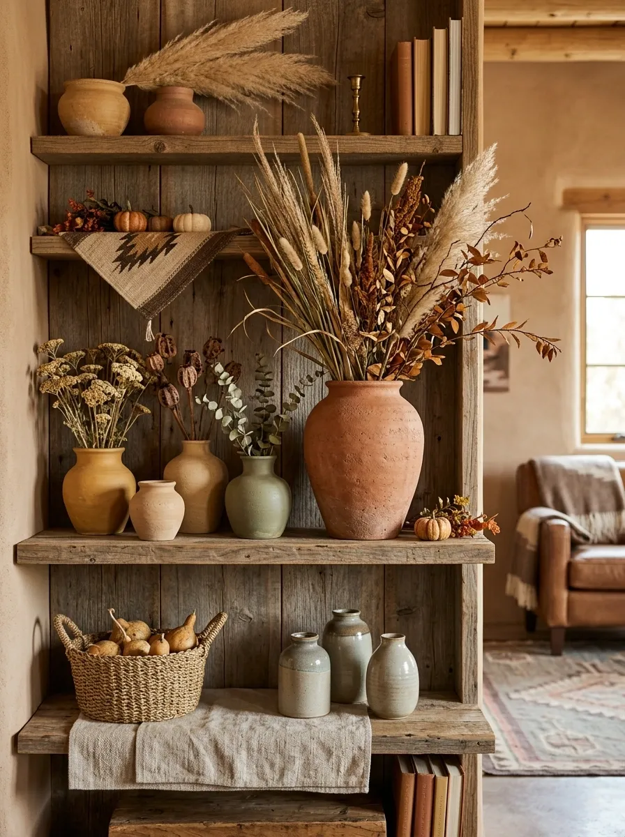 Earthy Southwestern Shelf With Clay Pottery and Dried Grasses