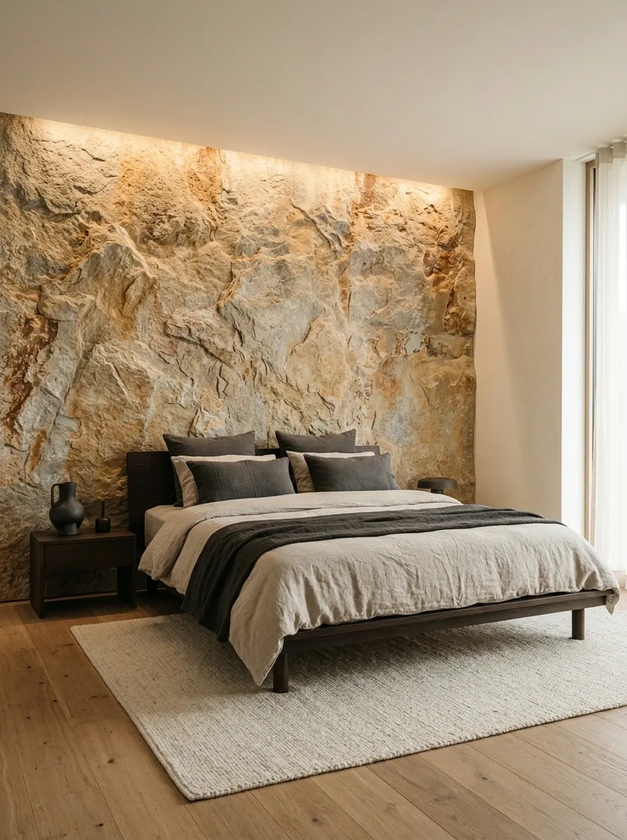 Earthy Stone-Look Feature Wall With a Low Platform Bed