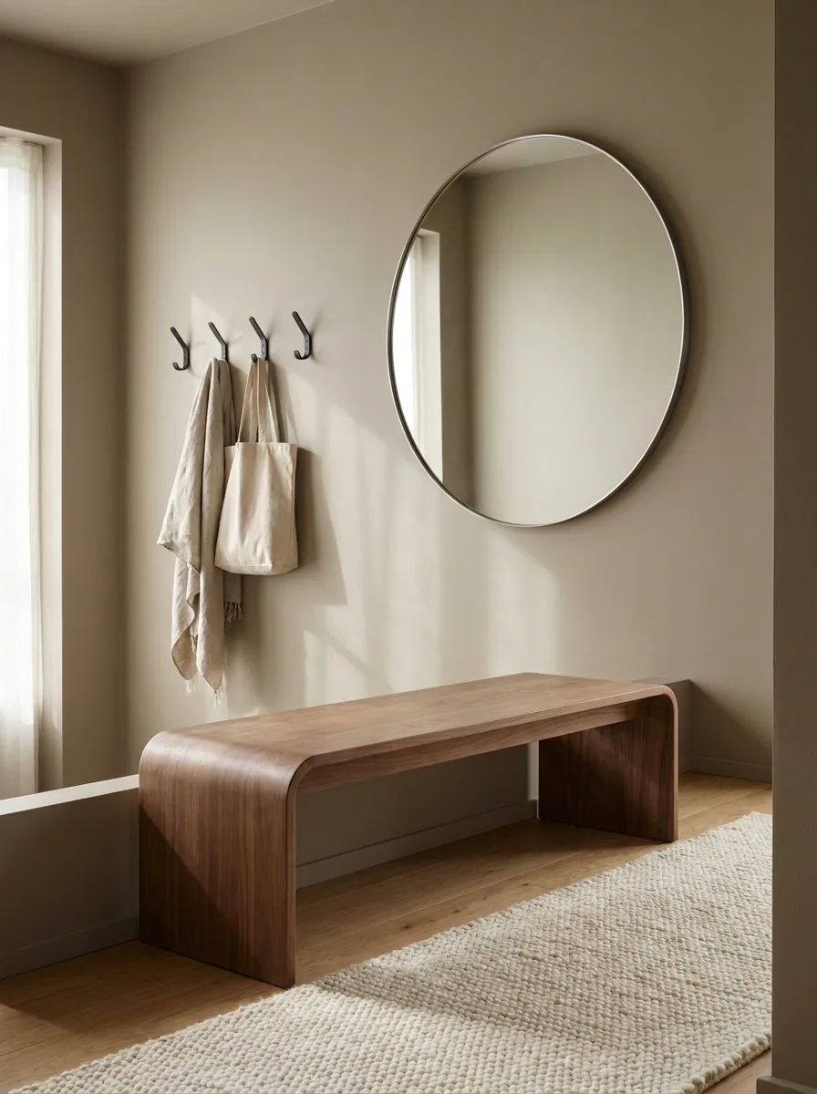 Earthy Taupe Entryway With Black Hooks and a Curved Bench