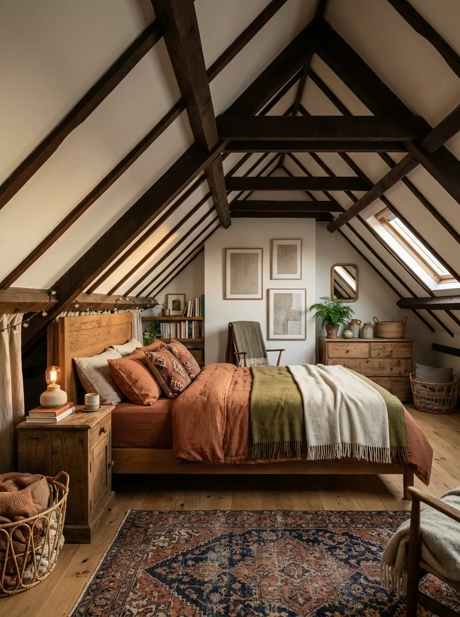 Eclectic Attic Bedroom With Sloped Ceilings and Layered Textiles