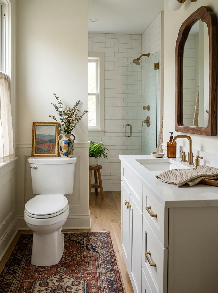 Eclectic Bathroom With Collected Artwork and Ceramics