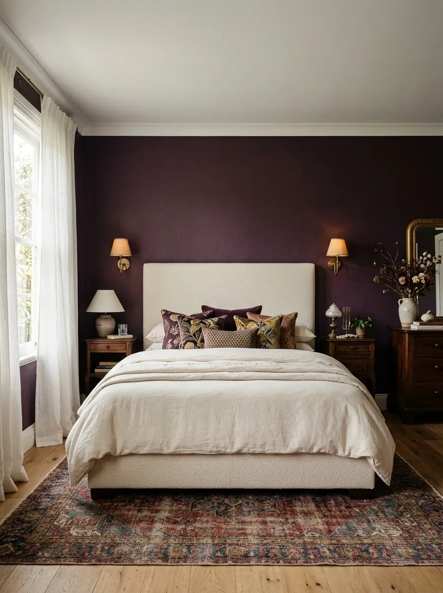 Eclectic Bedroom With Deep Plum Walls and Cream Upholstery