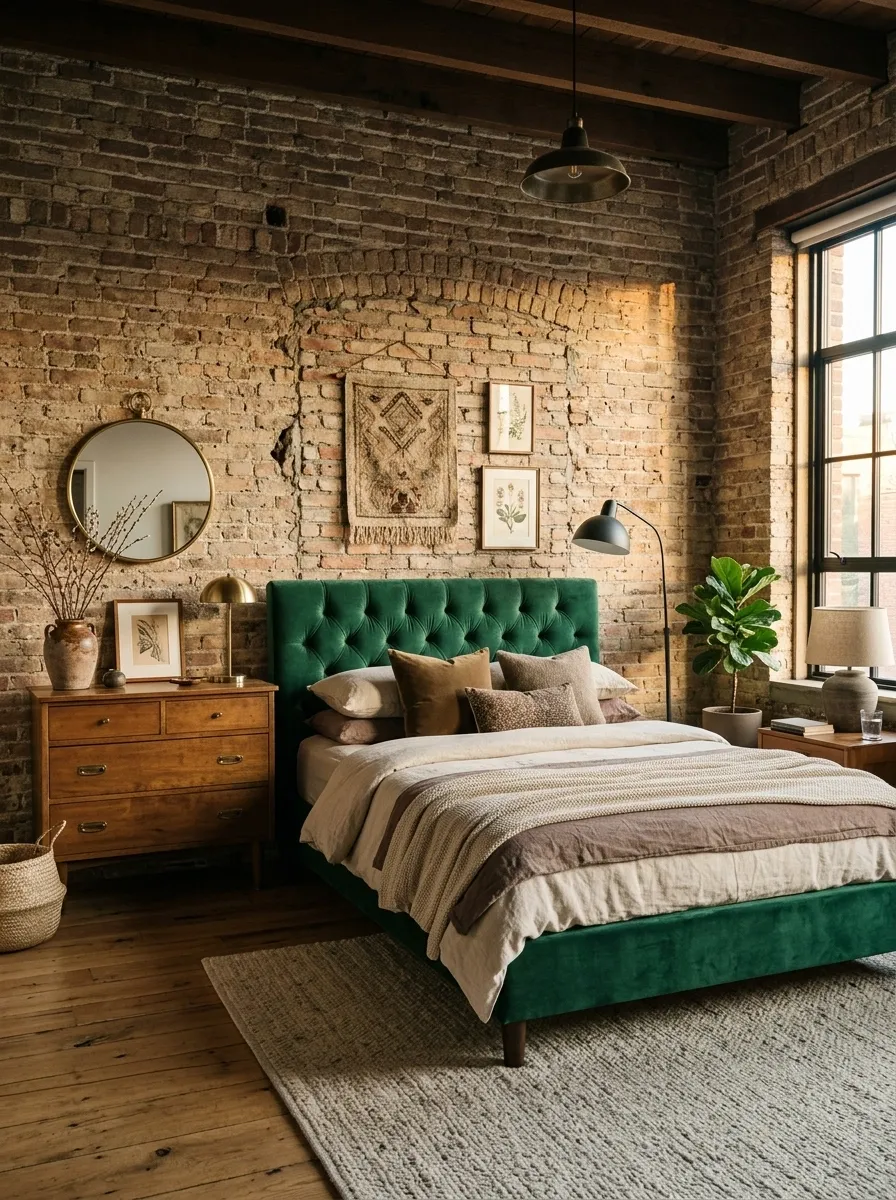 Eclectic Bedroom With Exposed Brick, Velvet Bed, and Vintage Wood