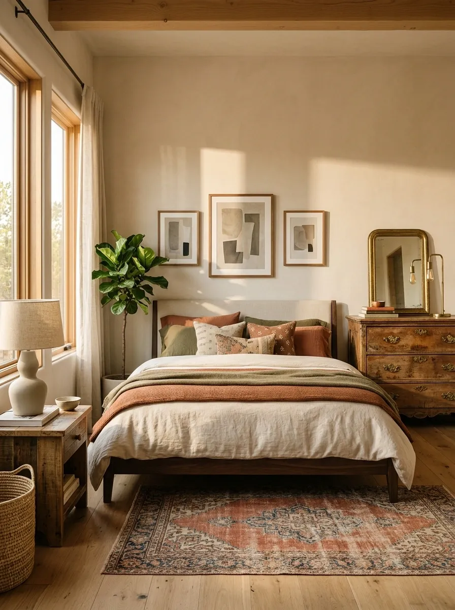 Eclectic Bedroom With Mismatched Lamps, Antique Dresser, and Modern Bed