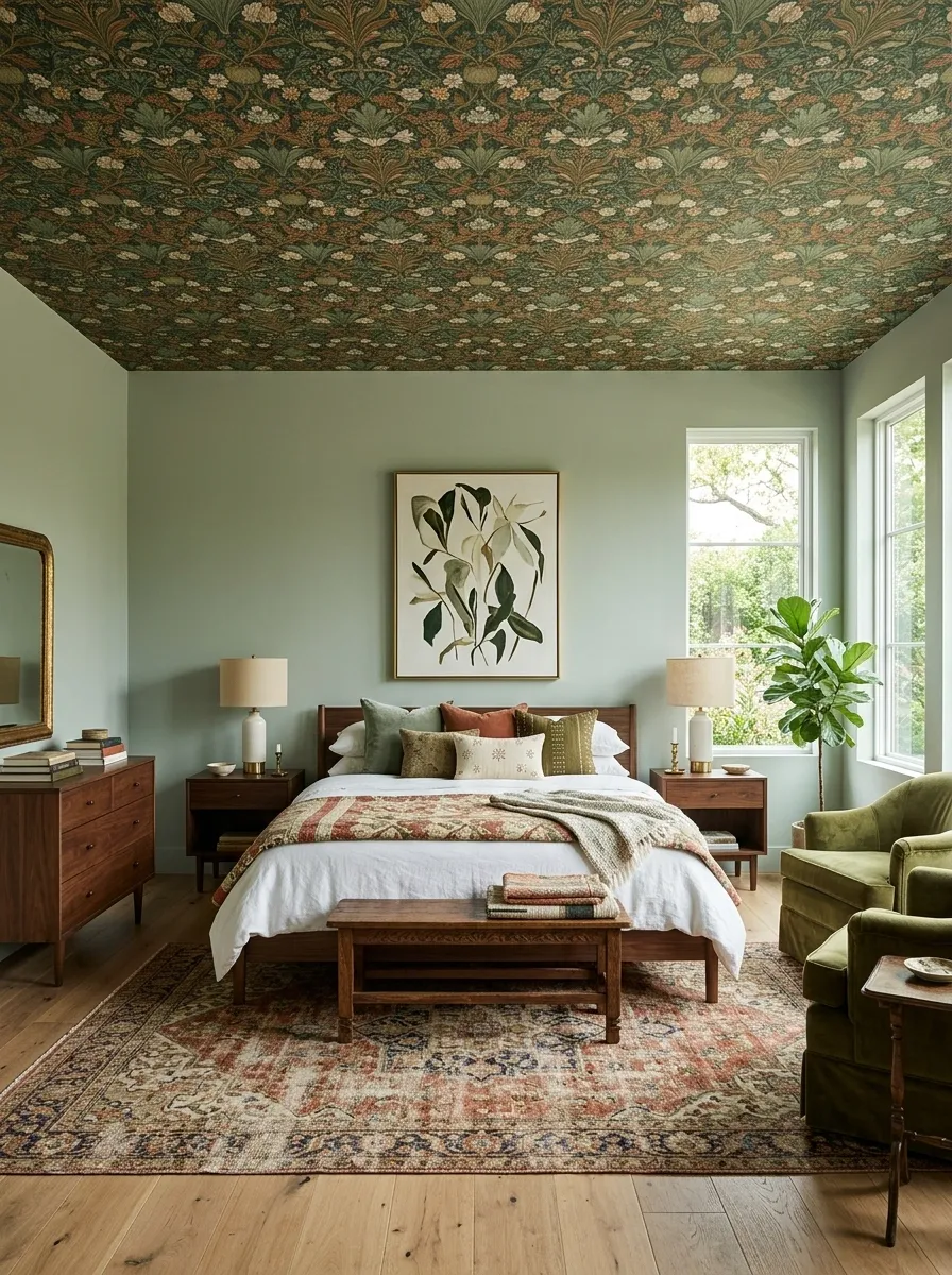 Eclectic Bedroom With Wallpaper Ceiling and Painted Walls