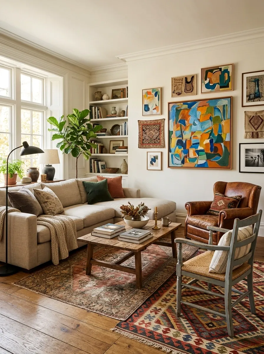 Eclectic Corner Sofa With Layered Rugs and Mismatched Chairs