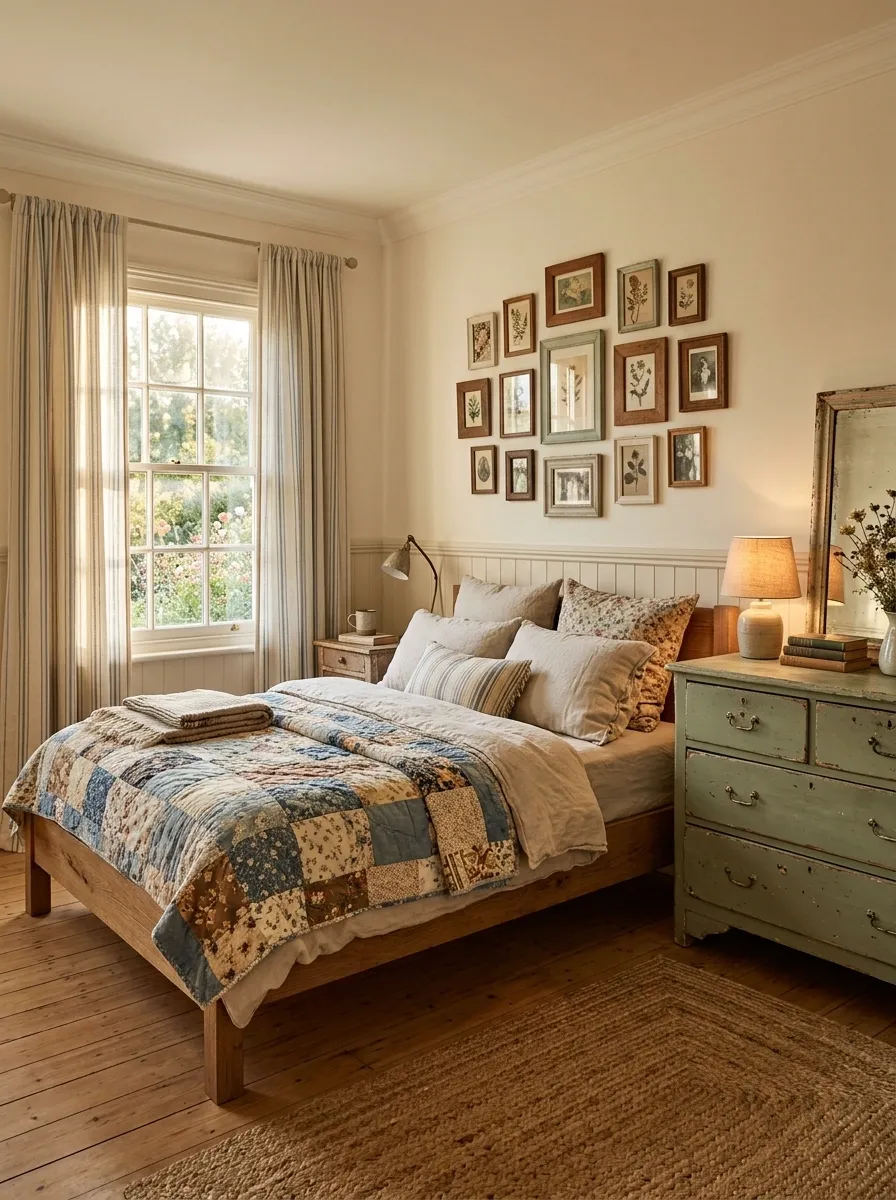 Eclectic Cottage Bedroom With Soft Stripes, Quilts, and Painted Furniture