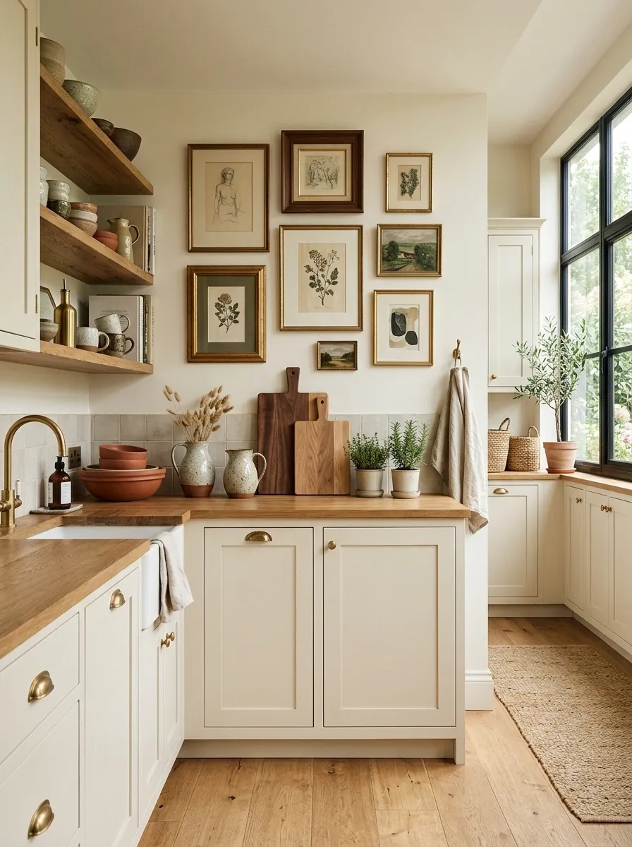 Eclectic Kitchen With Collected Artwork and Ceramics