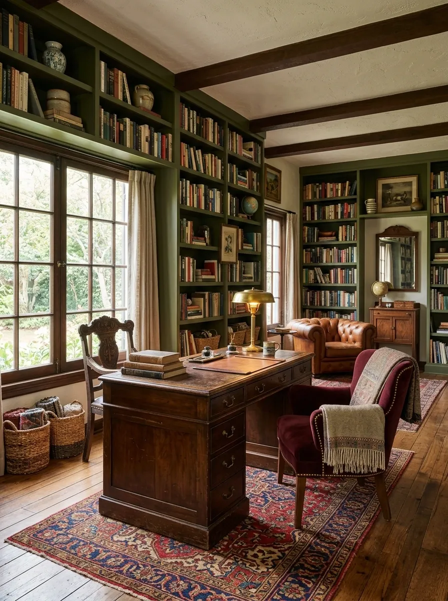 Eclectic Library With Painted Cabinetry and Mixed Vintage Furniture