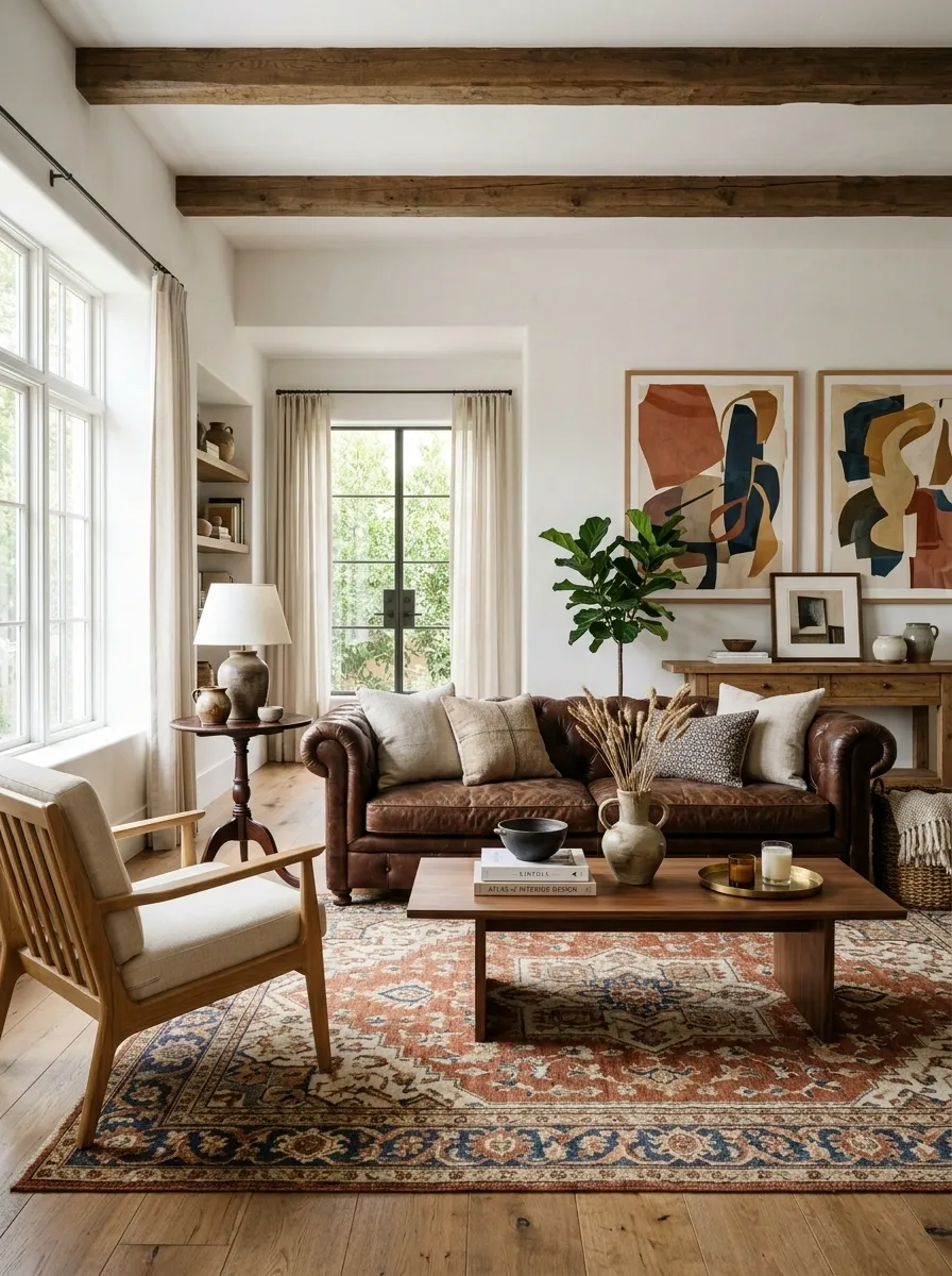 Eclectic Living Room With a Brown Sofa and Mixed Wood Tones