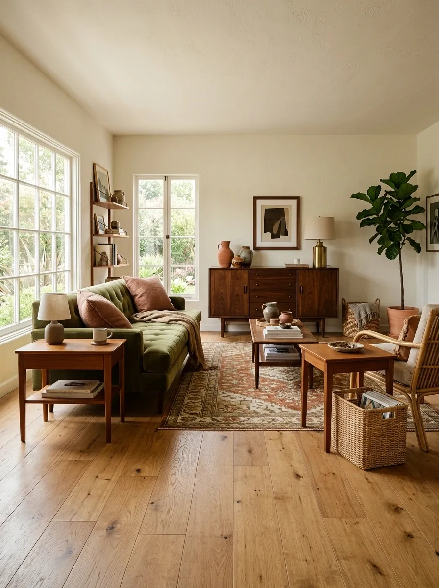 Eclectic Living Room With Honey Oak, Walnut, and Teak