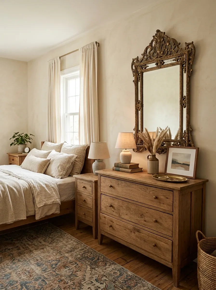 Eclectic Neutral Dresser With Mismatched Furniture Around It