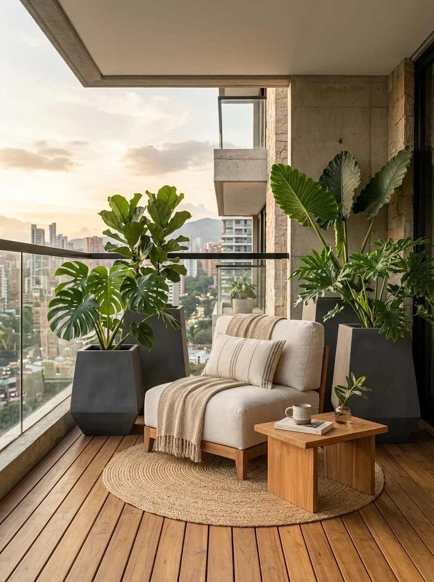 Elegant Balcony Garden With Sculptural Planters and Comfortable Lounge Seating