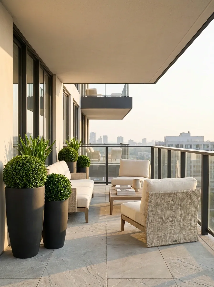 Elegant Balcony With Tall Sculptural Planters and Boxwood Shapes