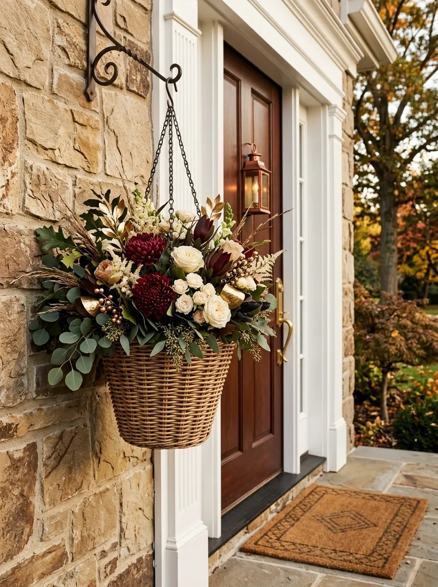 Elegant Fall Basket With Burgundy, Cream, And Brass