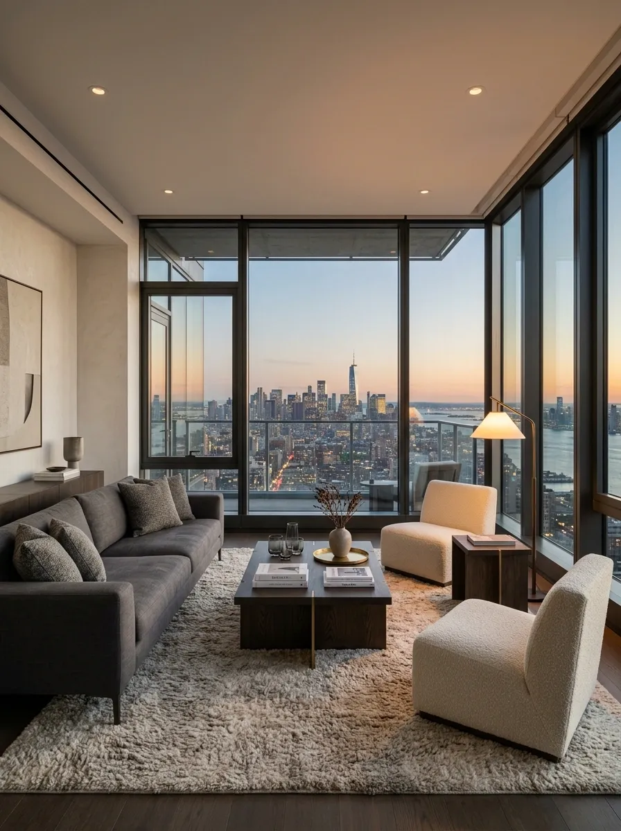 Elegant High-Rise Living Room With Grey Sofa and City Views