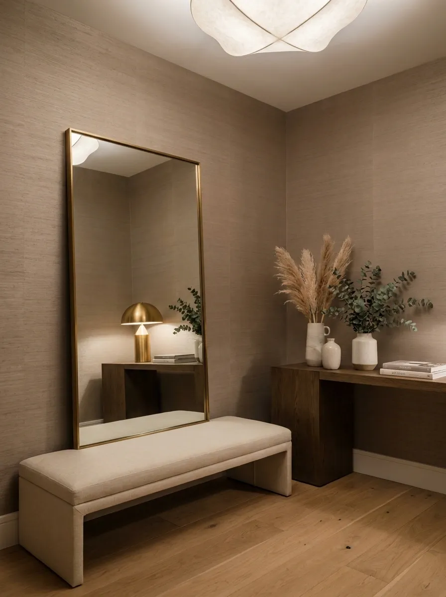 Elegant Neutral Entryway With Textured Grasscloth Wallpaper