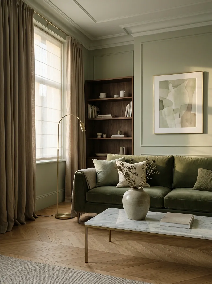 Elegant Sage Living Room With Velvet Sofa and Marble Accents