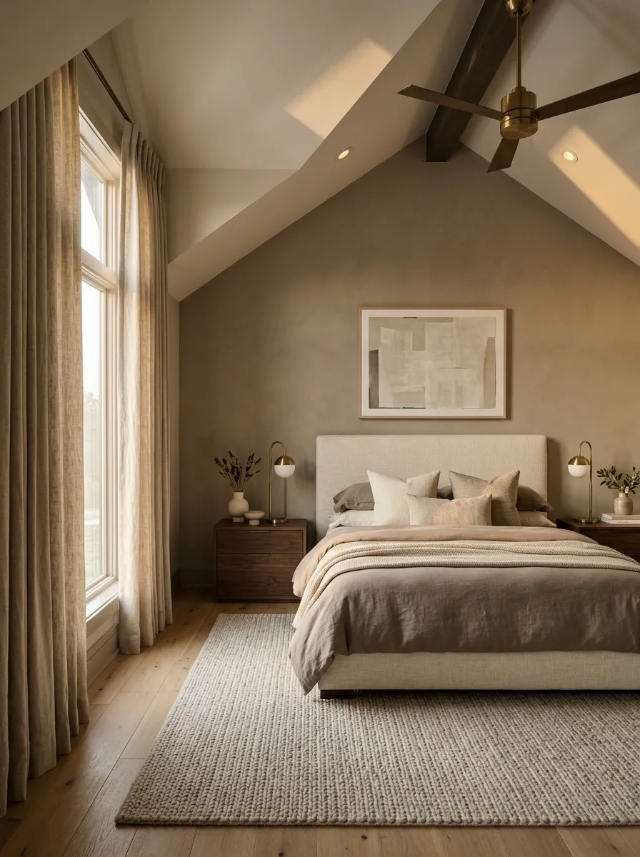 Elegant Taupe Bedroom With Full-Height Curtains on the Tall Wall