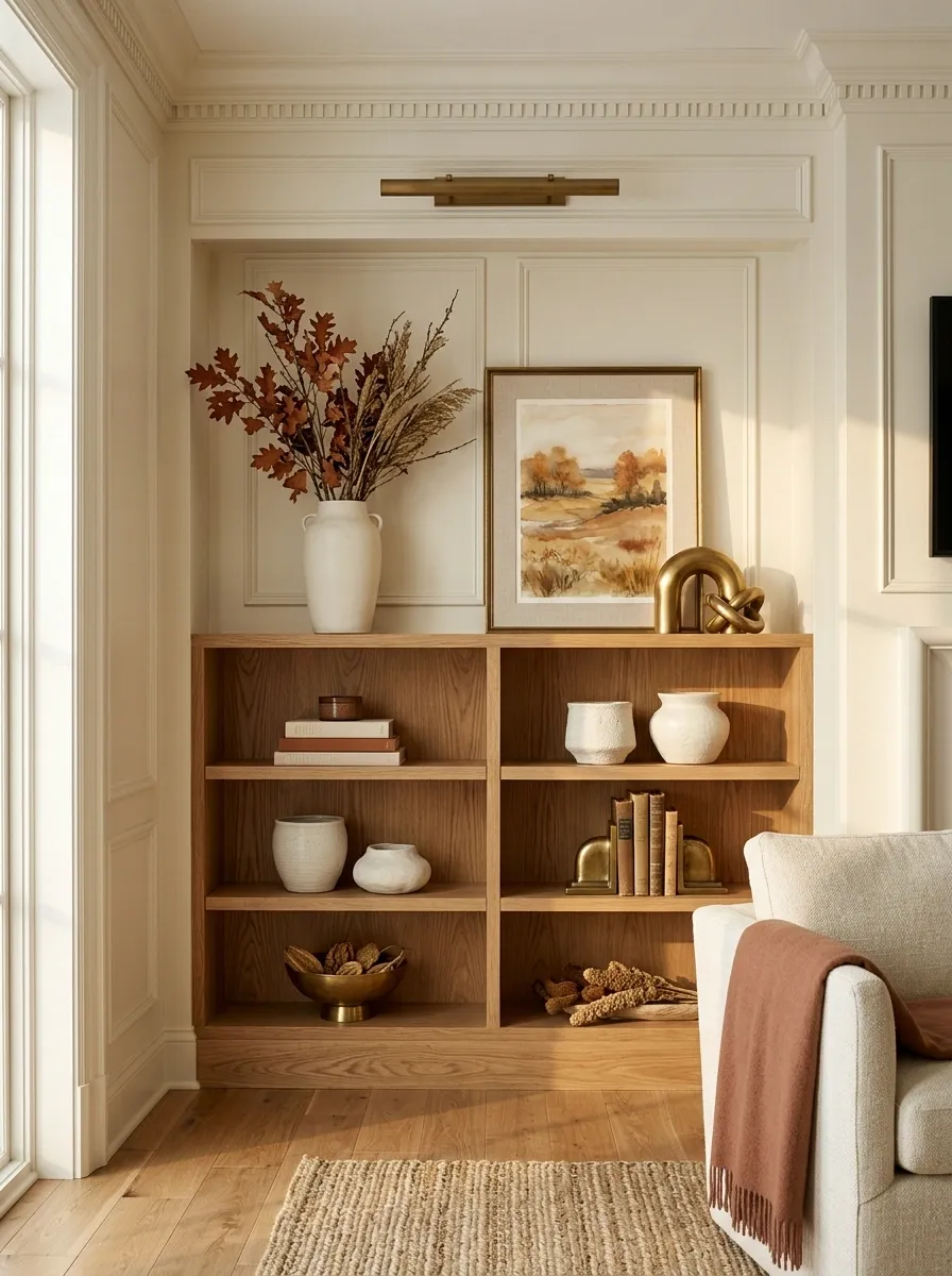 Elegant Transitional Shelf With Brass, Ivory Ceramics, and Muted Rust