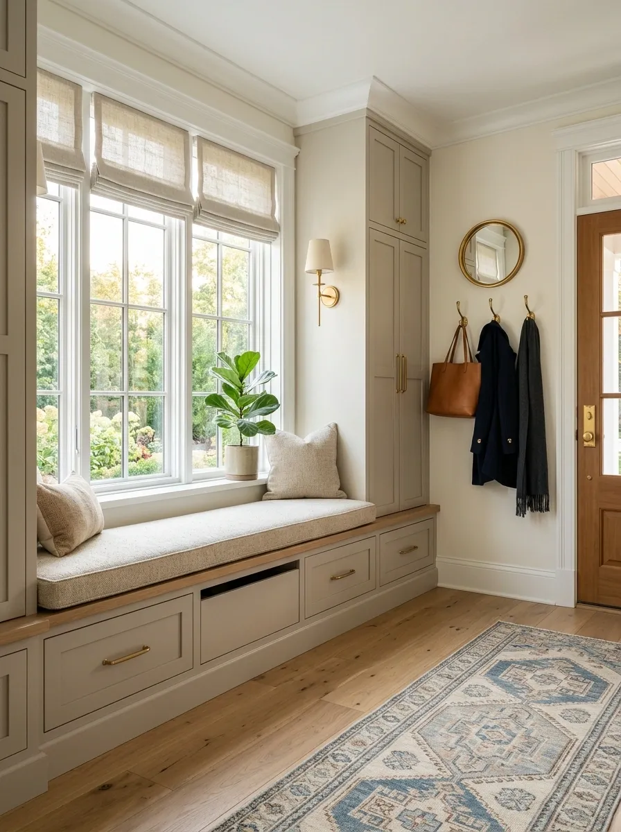 Elevated Window Bench With Hidden Shoe Storage in an Entry