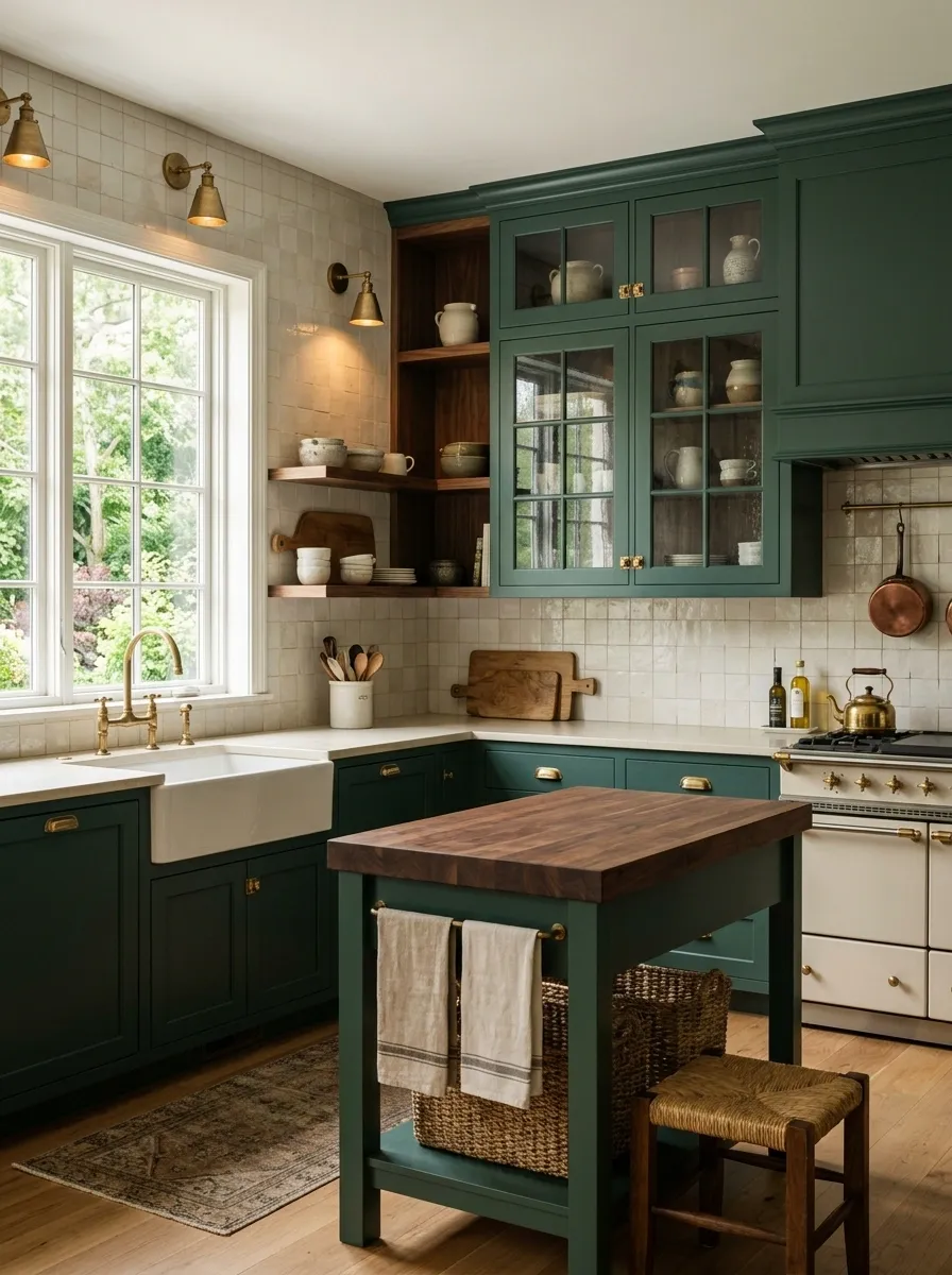 Emerald Green Kitchen With Walnut and Cream Stone