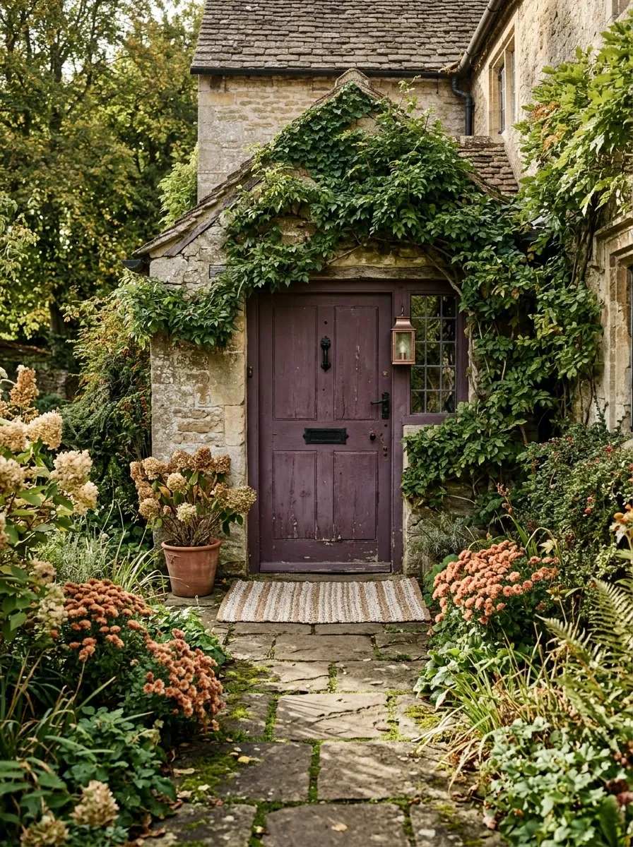 English Cottage Entry With Soft Plum and Rust Tones