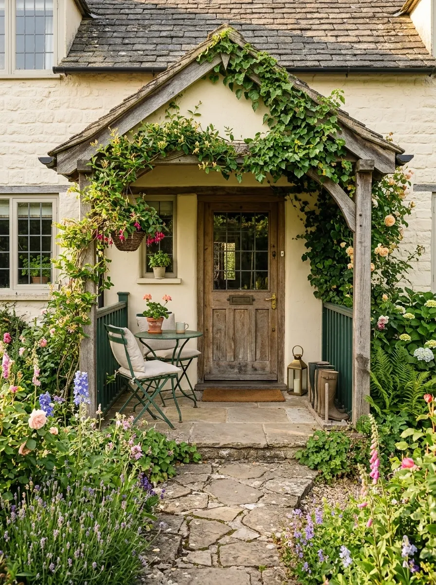 English Cottage Porch With Dark Green Railings and a Stone Path