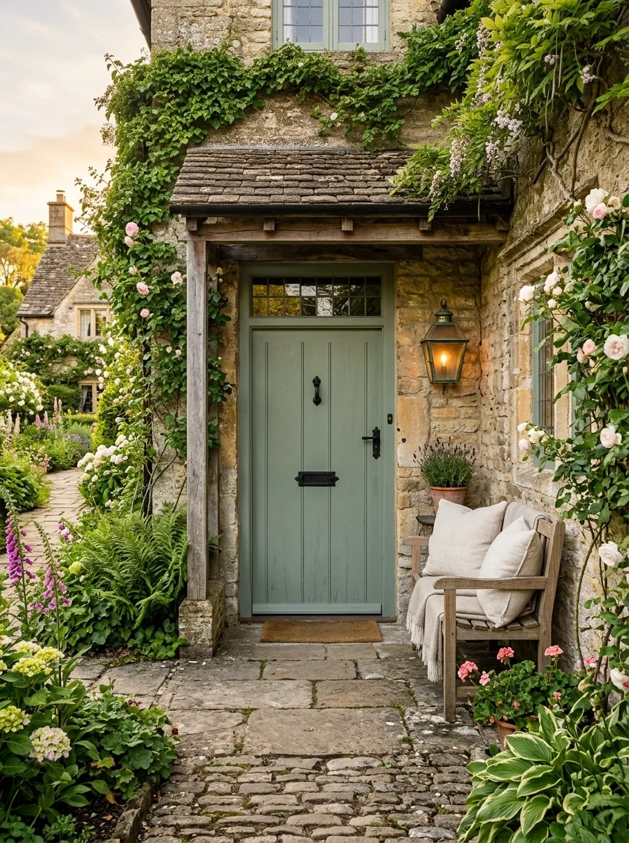 English Cottage Porch With Soft Green and Natural Stone