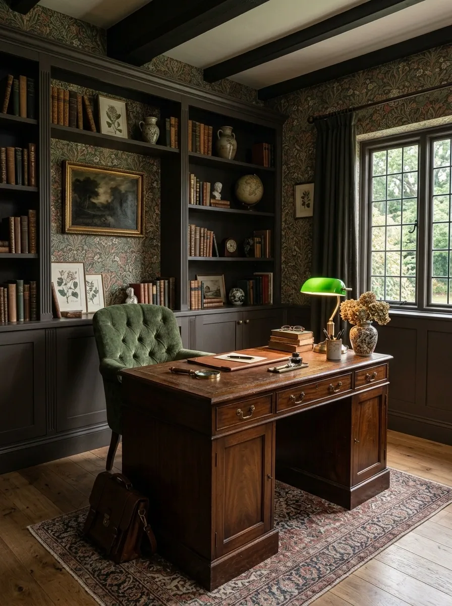 English Country Dark Academia Office With Patterned Wallpaper