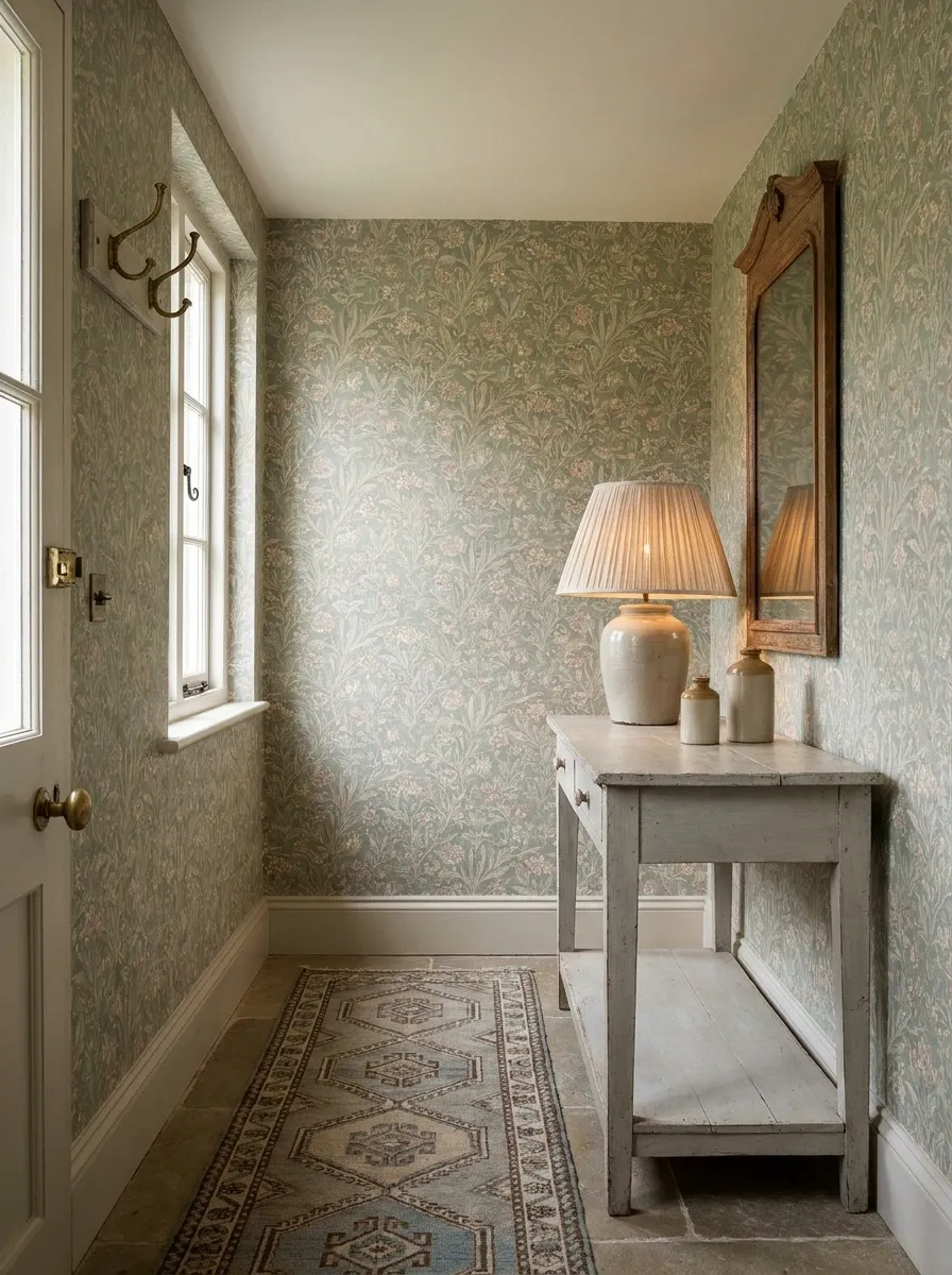 English Country Entryway With Tiny Floral Wallpaper