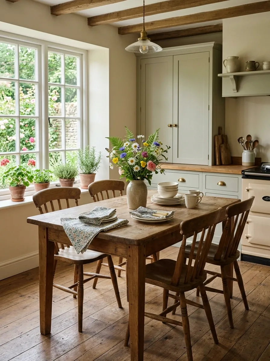 English Country Kitchen With Floral Table Linens