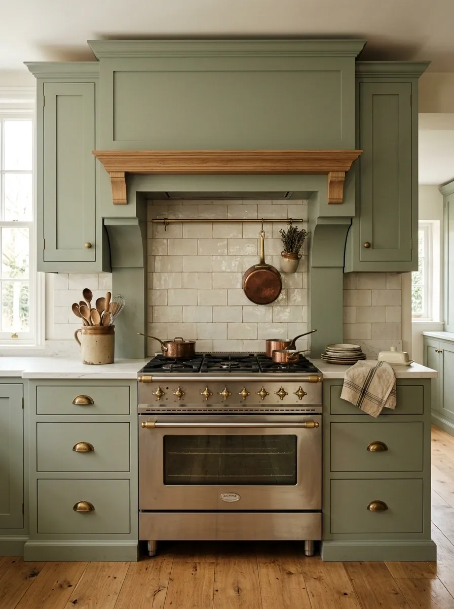 English Country Kitchen With Painted Hood and Decorative Mantel