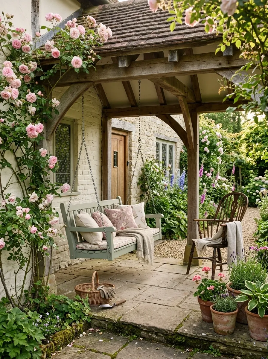 English-Country Porch With Painted Green Swing and Climbing Roses