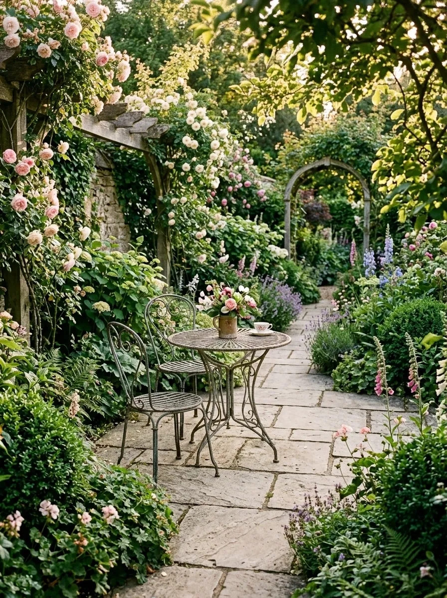 English Garden Patio With Soft Planting Around the Edges