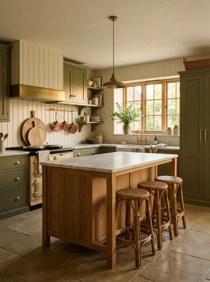 English-Inspired Kitchen With Painted Cabinets and Freestanding Furniture