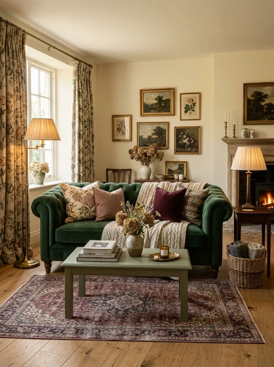 English-Style Living Room With Deep Green Sofa and Floral Textiles