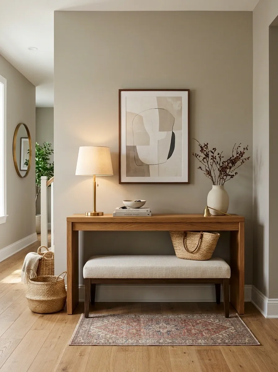 Entry Console With Bench Seating and a Layered Textile Palette