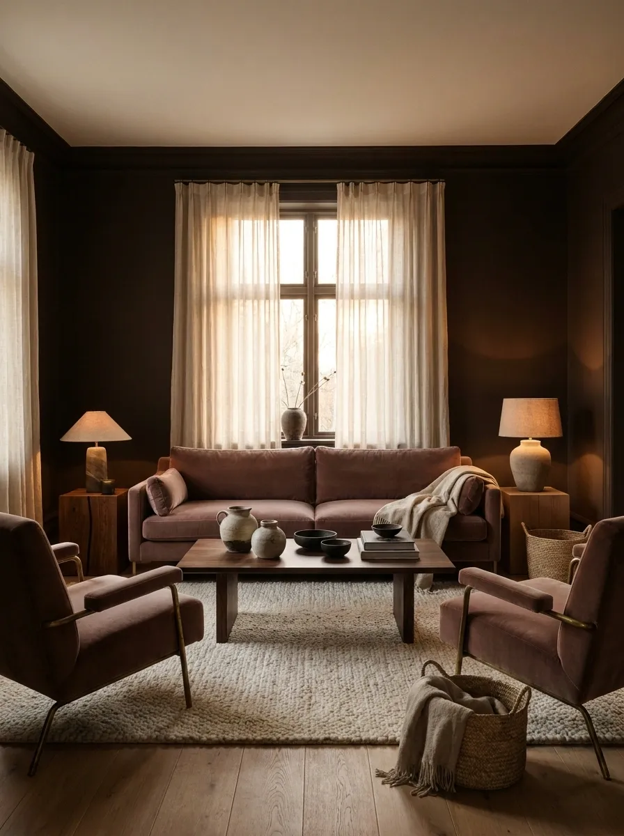 Espresso Brown Apartment With Dusty Rose Upholstery