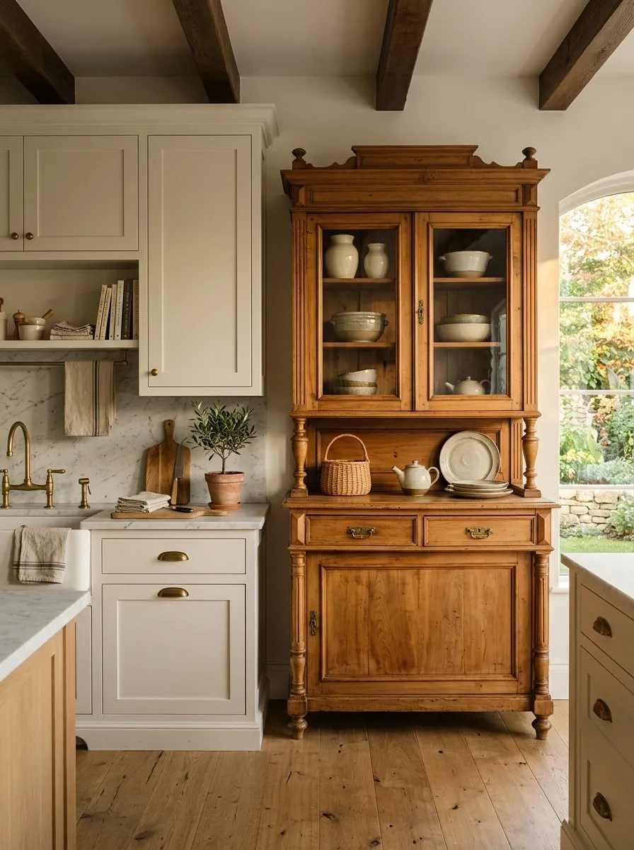European-Inspired Corner With a Freestanding Wooden Hutch