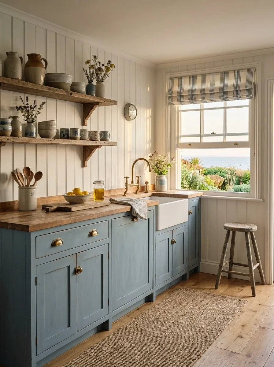 Faded Blue Coastal Kitchen With Beadboard and Oak