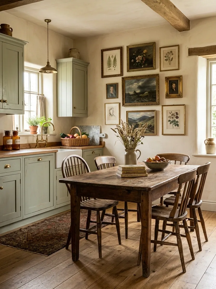 Faded Green Kitchen With Antique Art and a Wooden Table