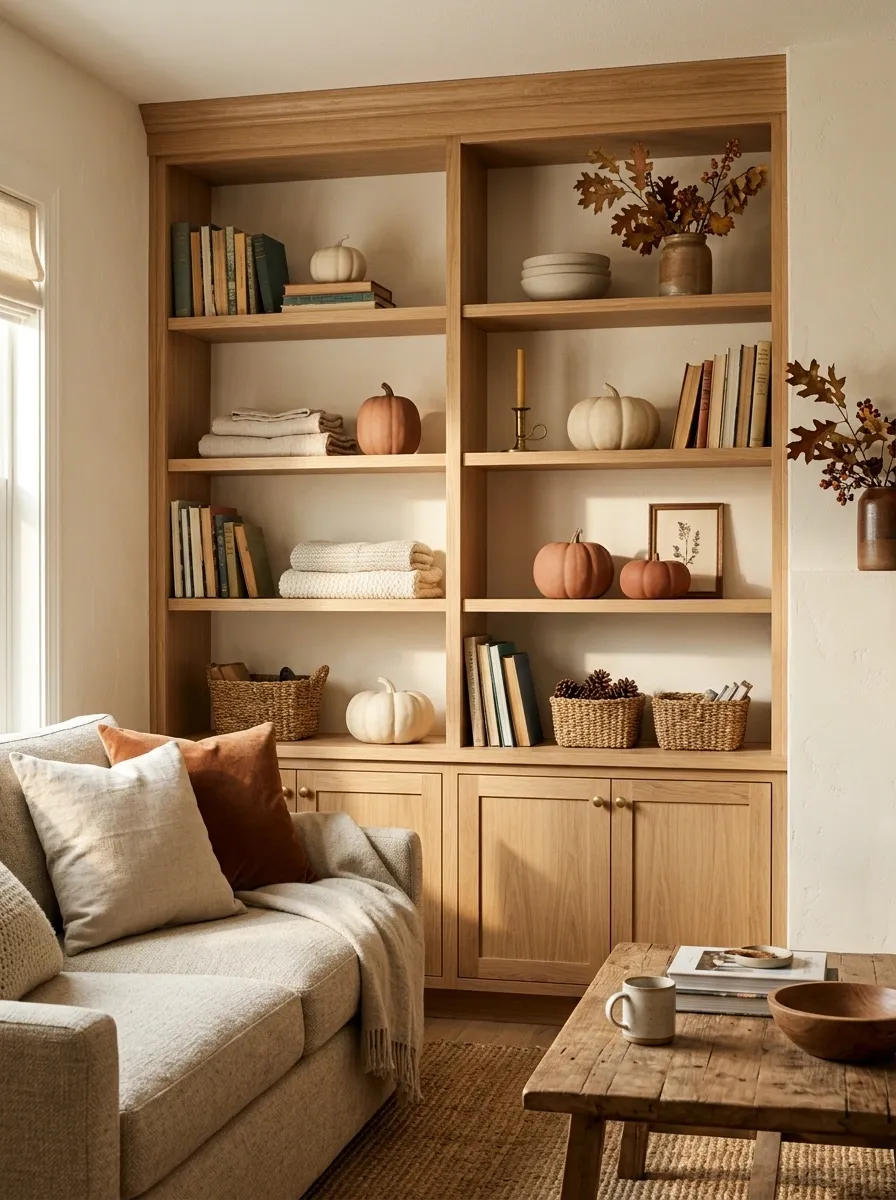 Family-Friendly Fall Shelf With Simple Books, Ceramic Pumpkins, and Soft Textiles