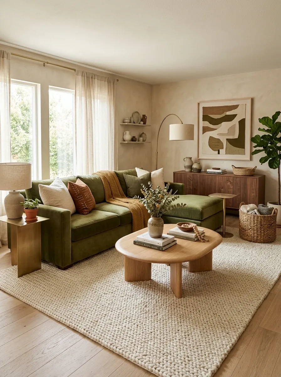 Family-Friendly Living Room With an Olive Sofa and Practical Layers