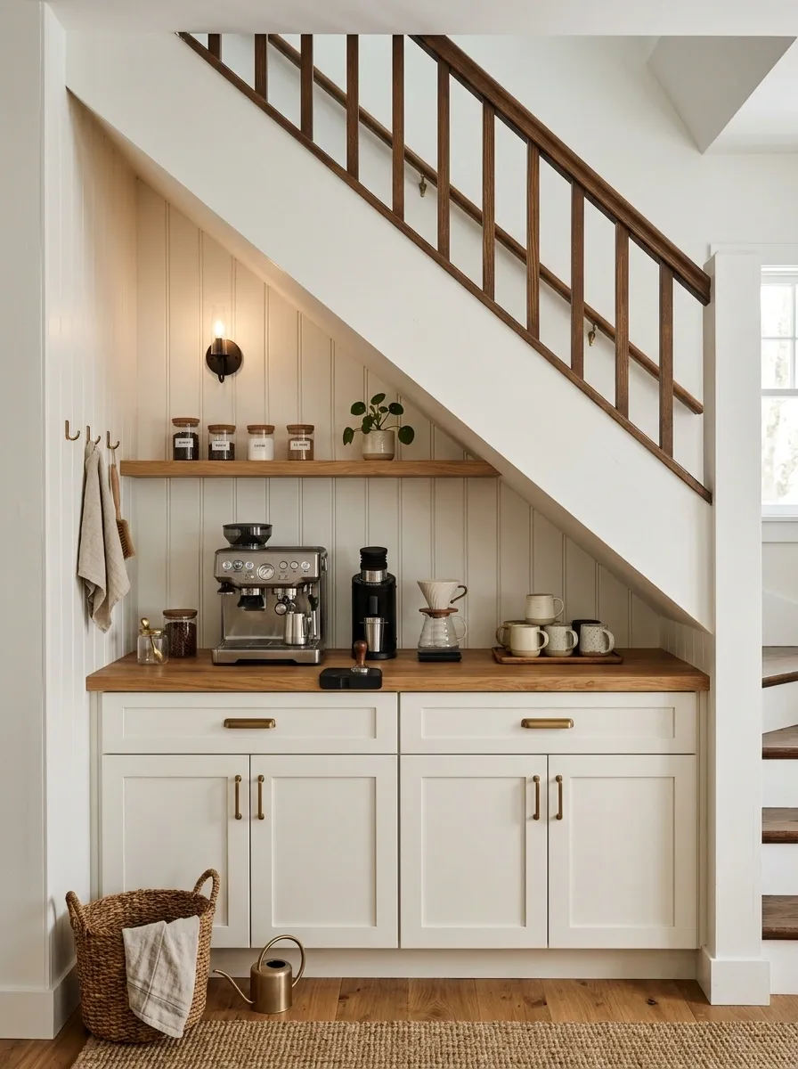 Farmhouse Coffee Bar Under a Staircase