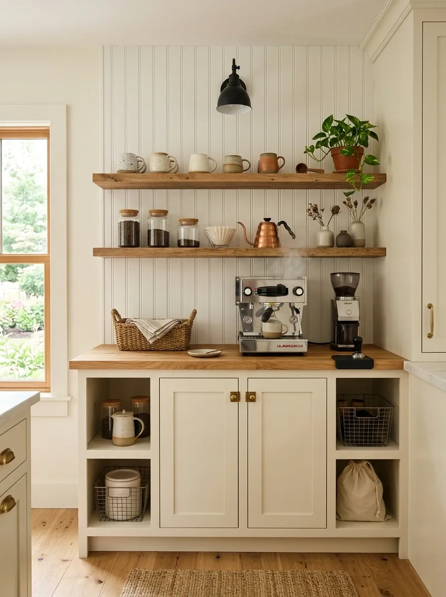 Farmhouse Coffee Bar With Butcher Block and Beadboard
