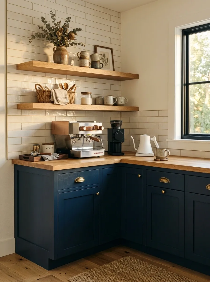 Farmhouse Coffee Bar With Navy Cabinetry and Warm Oak