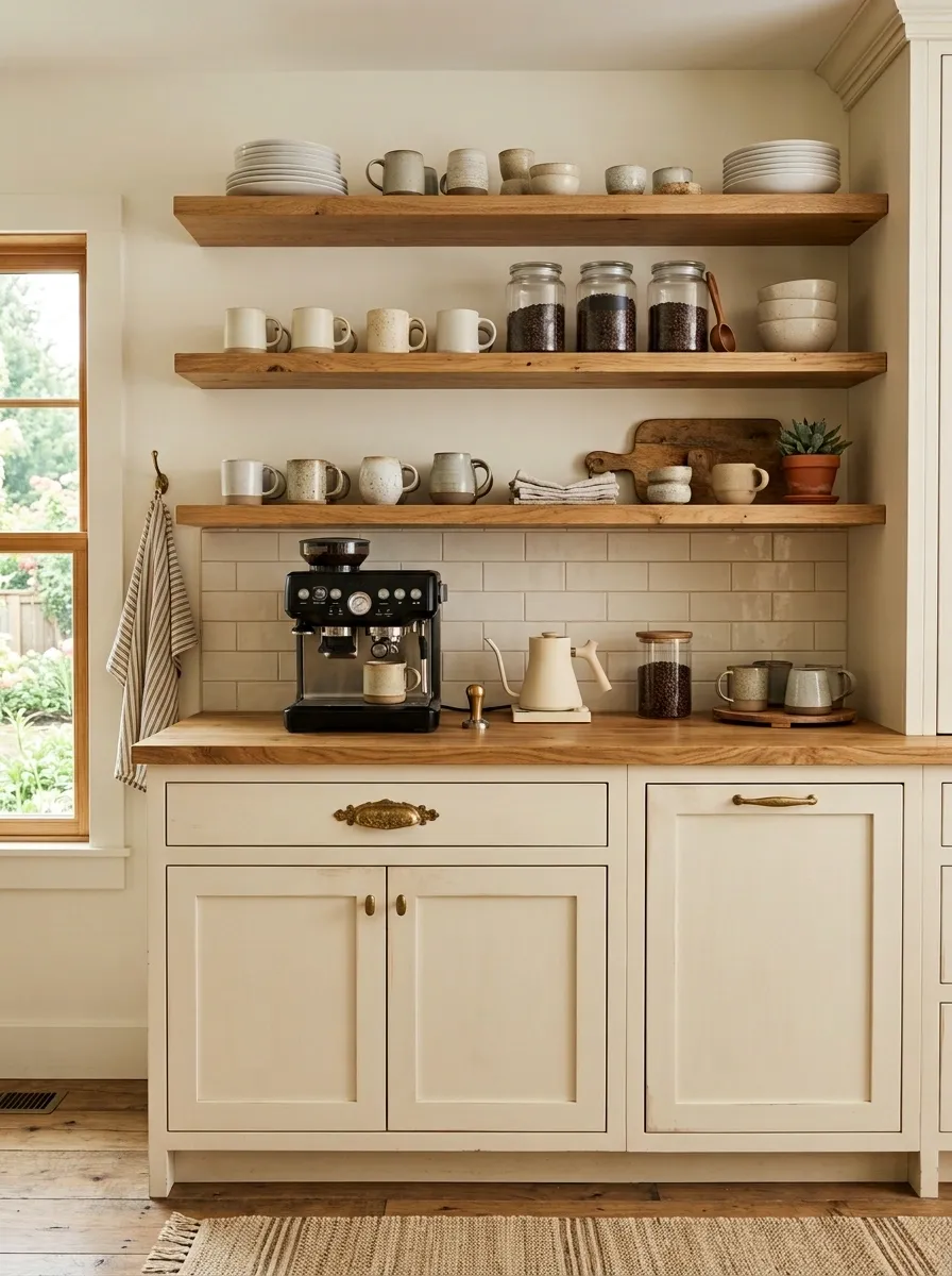 Farmhouse Coffee Bar With Open Plate Shelving