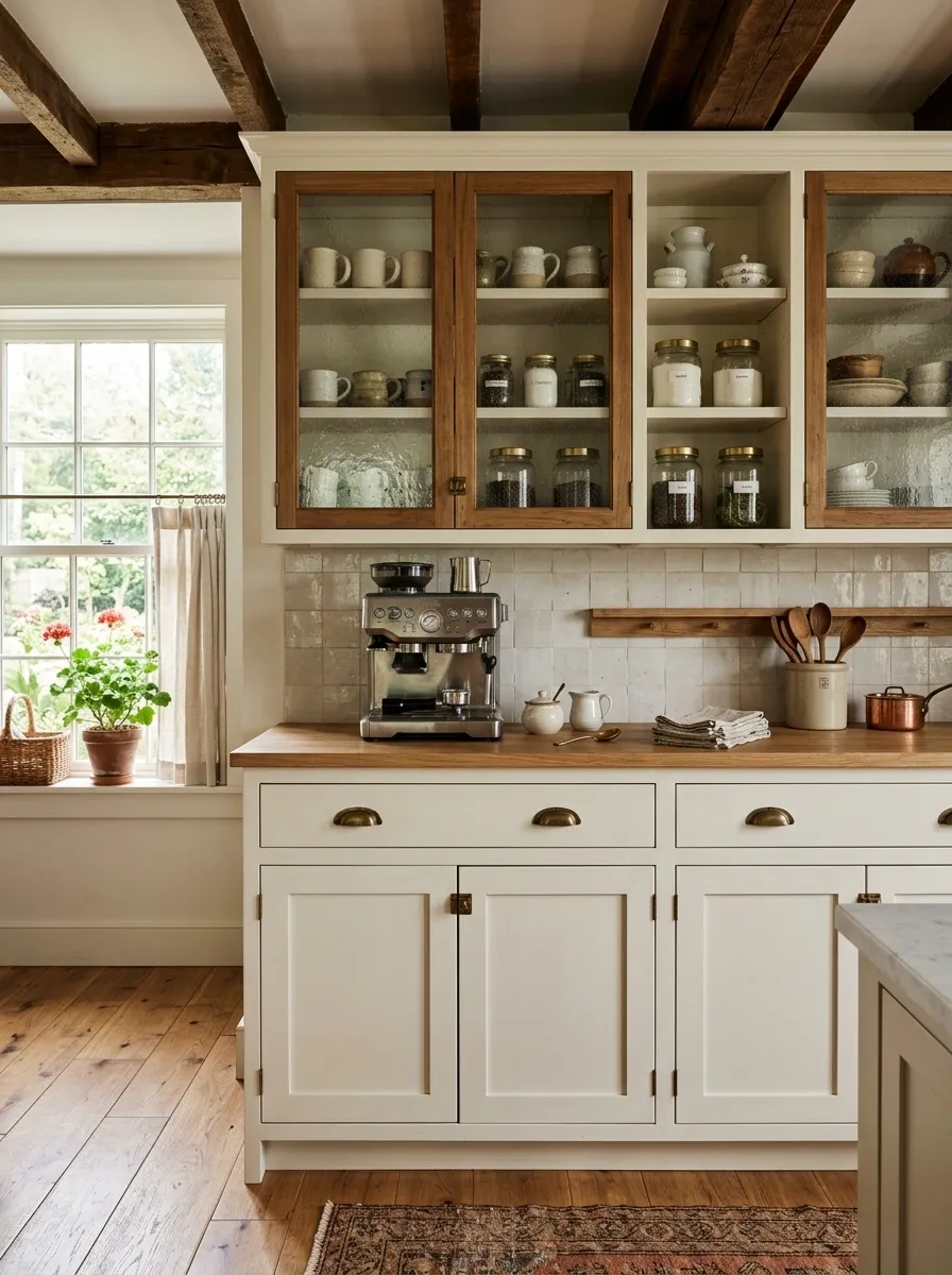 Farmhouse Coffee Bar With Vintage Glass-Front Cabinets